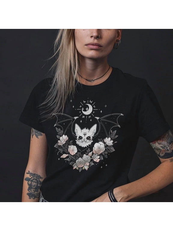 Bat and Rose T-shirt, Creepy Cute Witchy Aesthetic Pastel Goth Clothing, Soft Grunge Alternative Clothes Alt Gifts for Her