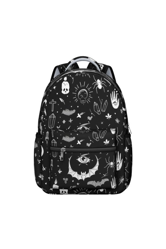 Bat and Skull Gothic Pattern Backpack for School, Cute School Bag with Adjustable Shoulder Straps and Padded Back, 15.3"x11"x7.1"