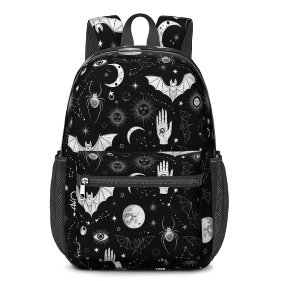 Bat and Sun Gothic Pattern 17" School Backpacks for Teens,Waterproof Oxford Fabric,S-Shape Padded Straps for School,Travel,Hiking,Camping