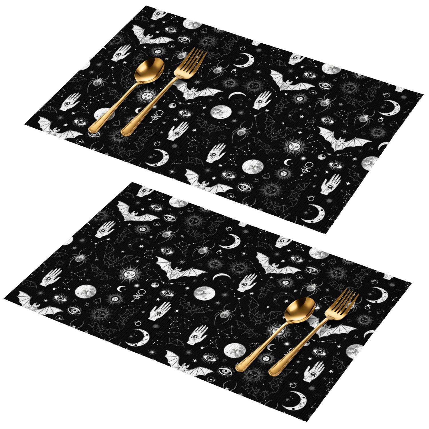 Bat and Sun Gothic Pattern PVC Woven Placemats Set Of 2, Outdoor Picnic ...