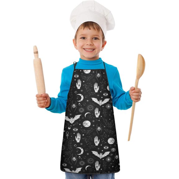 Bat and Sun Gothic Pattern Teens Aprons, Adjustable Neck Strap, Toddler & Teens Aprons for Cooking & Baking, 19x23.6 Inches