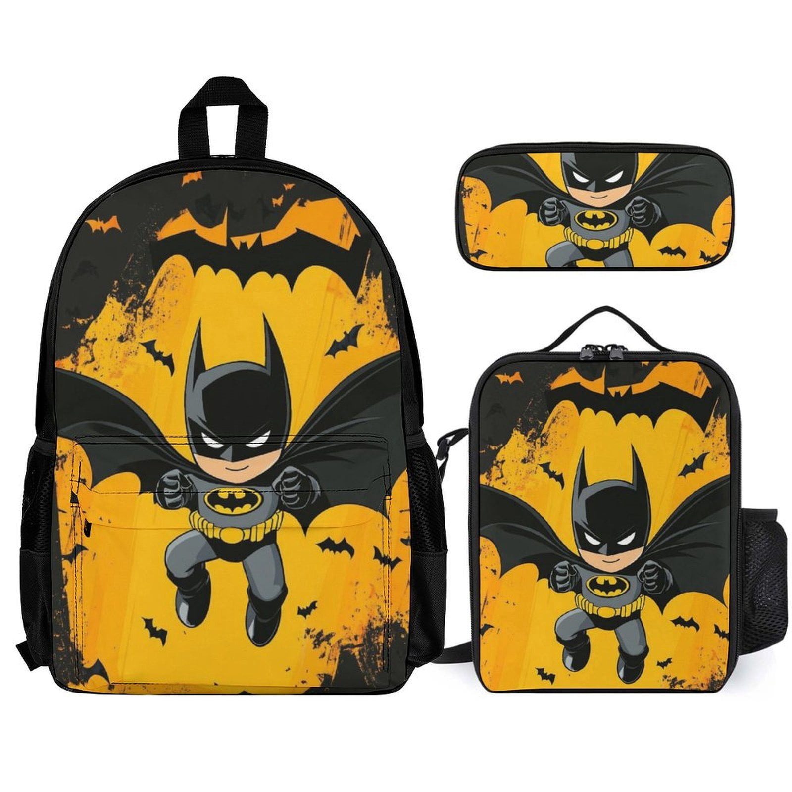 Bat-man Backpack with Lunch Box Pencil Case for Work Business Travel 3 in 1 Schoolbag with Chest Strap