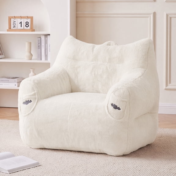 32.6"Round Armrest Bean Bag Chair, Oversized Comfy Bean Bag Sofa with Back Support, Faux Fur Accent Chair for Adults and Kids,Lounge Lazy Sofa for Living Room, Bedroom, Apartment,White