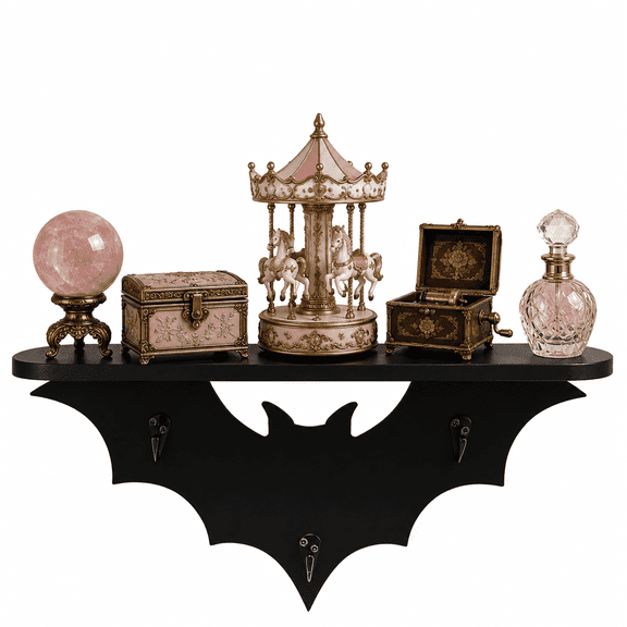 Kinglive Bat-Shaped Wooden Floating Wall Shelf with 3 Key Hooks, Black Gothic Home Decor Entryway Organizer Display Rack