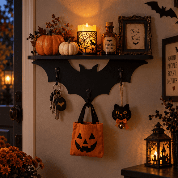 Kinglive Bat Wall-Mounted Wooden Key Holder Shelf with 3 Metal Hooks, Gothic Home Decor Entryway Organizer Display Rack
