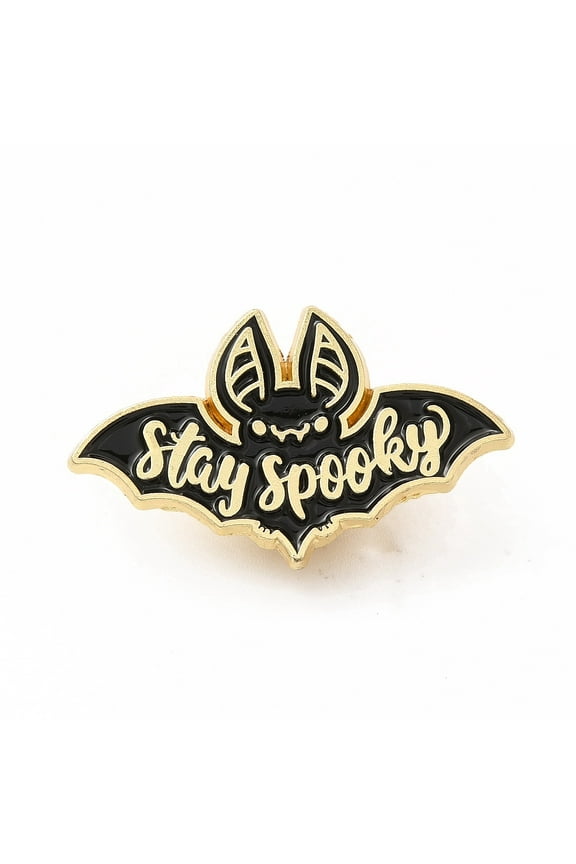 Bat with Word Stay Spooky Enamel Pin Golden Alloy Brooch for Backpack Clothes Black 18x30x1.5mm