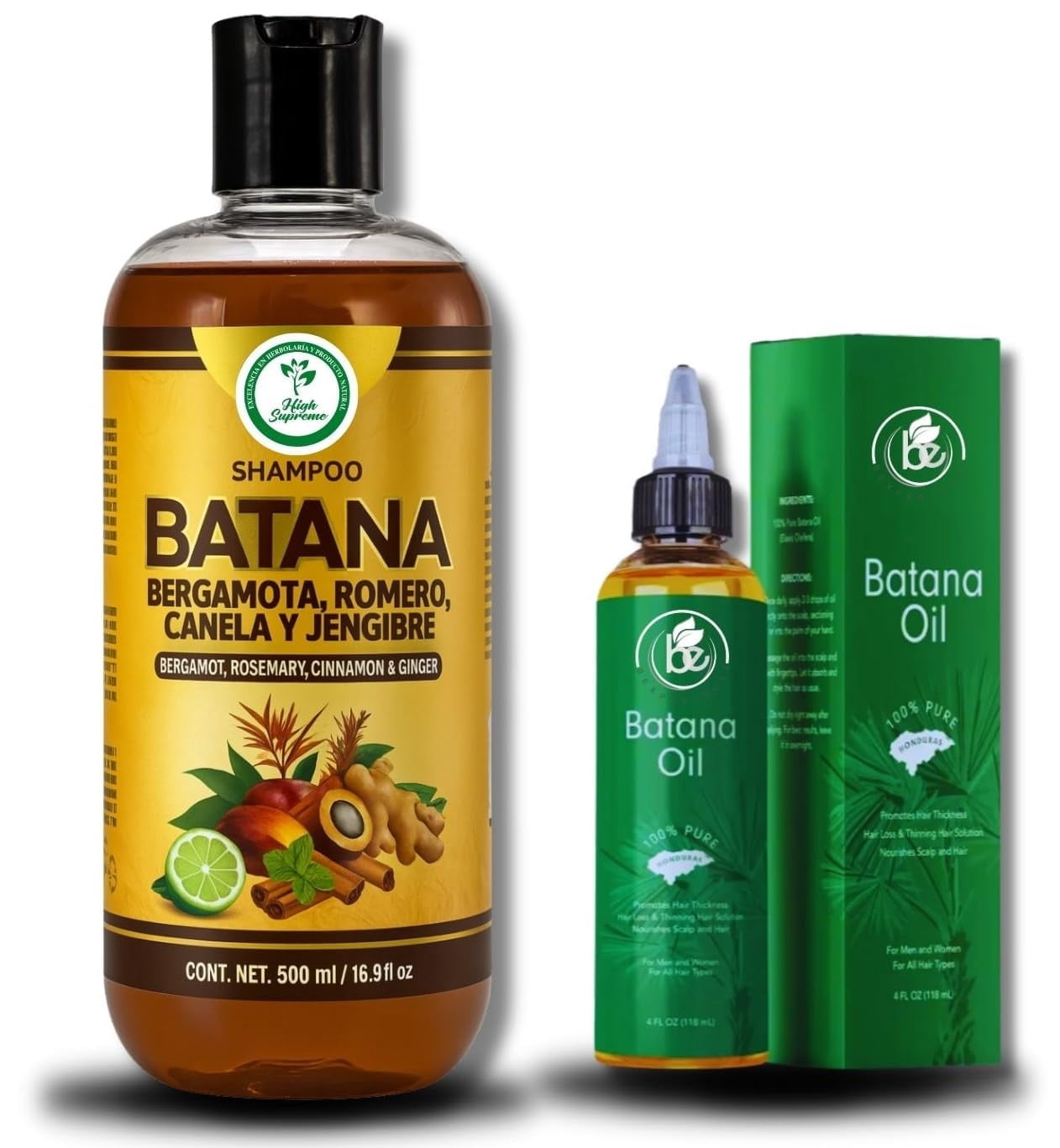 Batana Oil Shampoo w/Bergamot, Rosemary, Cinnamon, Aloe Vera & Ginger – 16.9 fl oz – Salt-Free, Paraben-Free – For Dry & Thinning Hair – + 4 oz Batana Oil – Nourishing Combo Value Pack