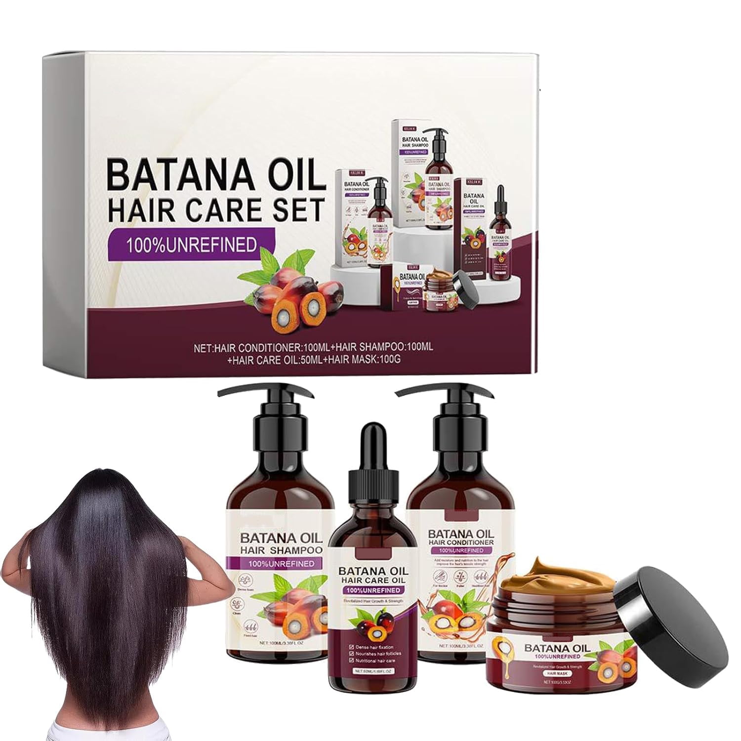 Batana Oil Volumizing Hair Care Set, Repairs Frizzy Hair, Deep Nourishes Scalp, Smooth Hair Travel Set for Women and Men Include Shampoo Conditioner Hair Mask Hair Oil