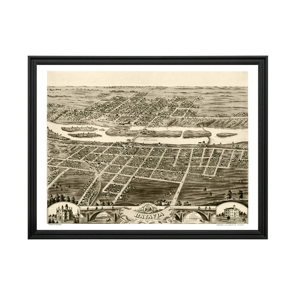 Batavia Art, 1869 Vintage Map of Batavia Illinois, IL History Wall Decor Gift, Old Batavia Map - 24" x 18" Black Framed Print