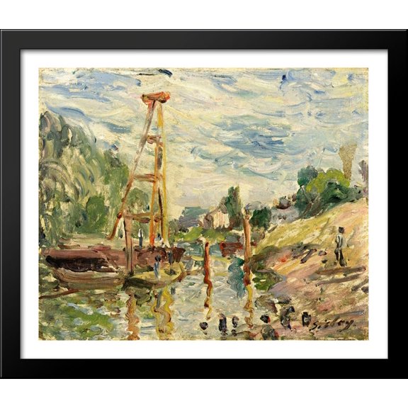 Bateau de Charge sur le Loing 34x28 Large Black Wood Framed Print Art by Alfred Sisley