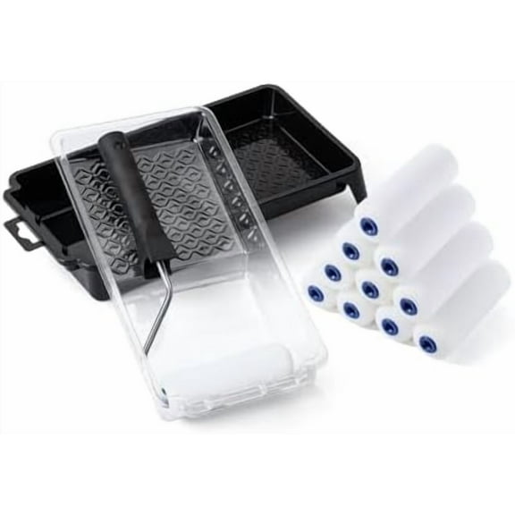 Bates- 4 Inch Foam Paint Roller Set, 15 pcs, Small Paint Roller Kit, 1x Black Plastic Paint Tray, 3X Transparent Tray Liners, 1x Roller Frame & 10x White Foam Covers