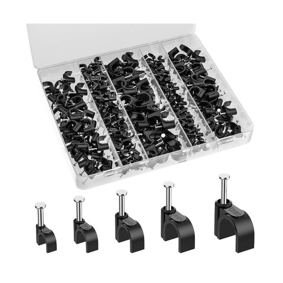 Bates- Cable Clips with Steel Nails, 360 pcs, Black, 4mm 5mm 6mm 8mm 10mm, Cord Clips for Wires on Wall