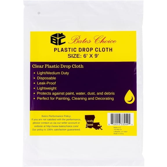 Bates Plastic Drop Cloths - 2 Pack, 6x9 Feet, Clear Plastic Tarp for Painting