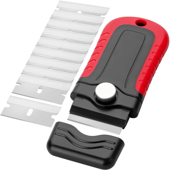 Bates- Razor Blade Scraper, Red, Locking Razor Scraper Set with 10 Extra Stainless Steel Blades, Window Scraper