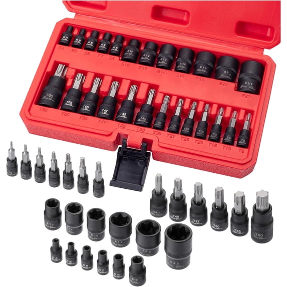 Bates- Torx Bit and Socket Set, 25 pcs, 1/4" 3/8" & 1/2" Drive, Star Bits T8-T60, E-Torx Sockets E4-E22, Torx Bit Set