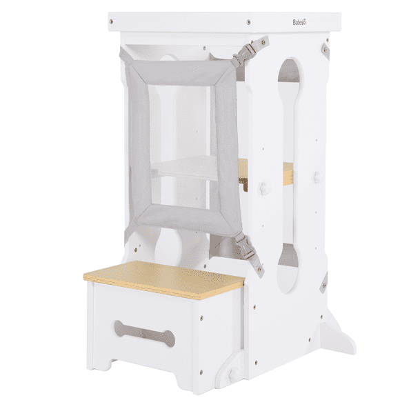 Bateso Wooden Toddler Tower with 2 Detachable Nets, Kids Kitchen Step Stool for Kids1-6- White