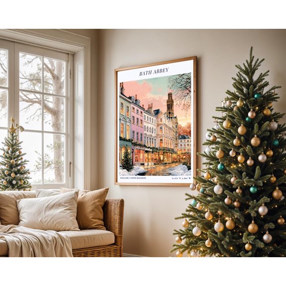 Bath Abbey Christmas Travel Festive England Cozy Home Decor Wall Art Poster Print