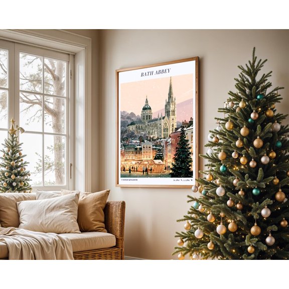 Bath Abbey Christmas Travel Festive Uk Cityscape Poster Art Print for Wall Decor