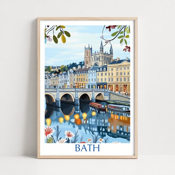 Bath Abbey England Wall Art Print, Historic Riverside Cityscape With Boats And Travel Decor