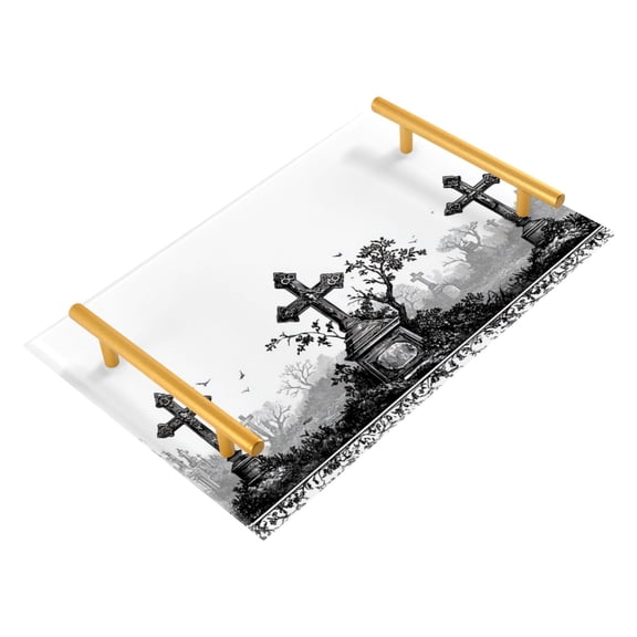 Bath Accessories Sets Single Print Decorative Tray With Handle For Home Bathroom Bedroom Border Of Gothic Crosses