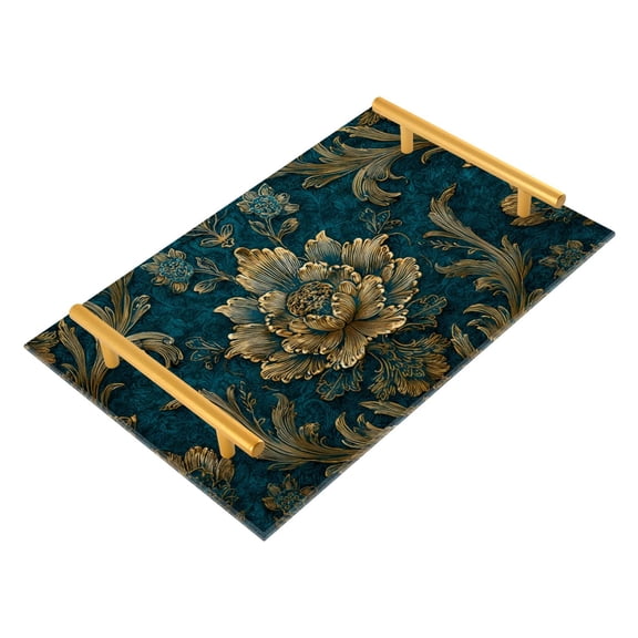 Bath Accessories Sets Single Print Decorative Tray With Handle For Home Bathroom Bedroom Dark Blue and Gold