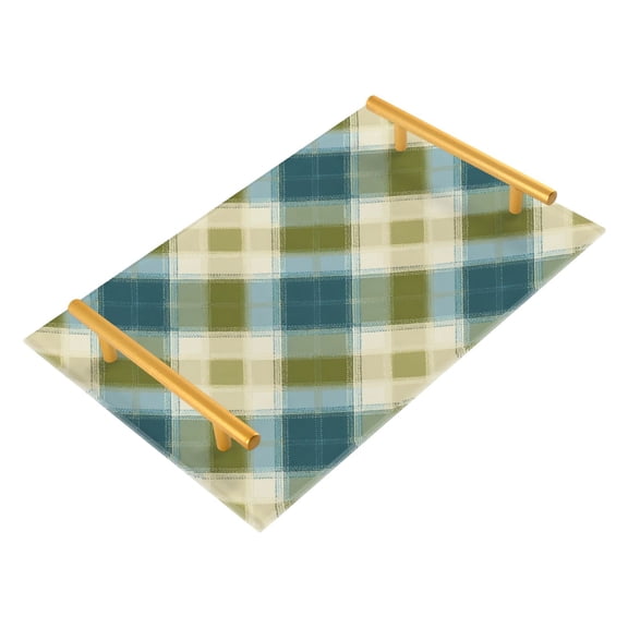 Bath Accessories Sets Single Print Decorative Tray With Handle For Home Bathroom Bedroom Green&beige Tartan Pattern