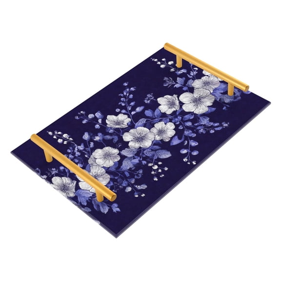 Bath Accessories Sets Single Print Decorative Tray With Handle For Home Bathroom Bedroom Navy Blue Floral