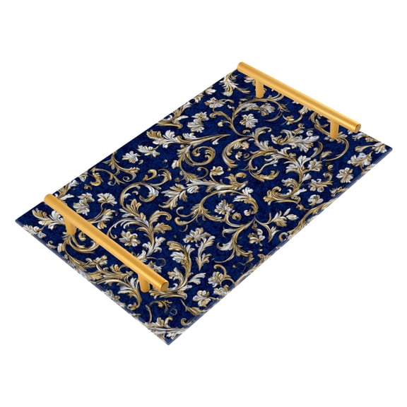 Bath Accessories Sets Single Print Decorative Tray With Handle For Home Bathroom Bedroom Royal Blue and White Pattern