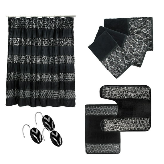Bath Accessory 7PC Curtain Sets Curtain & Hooks, 3PC Towel Set, Contour, Mat Rug (Black)