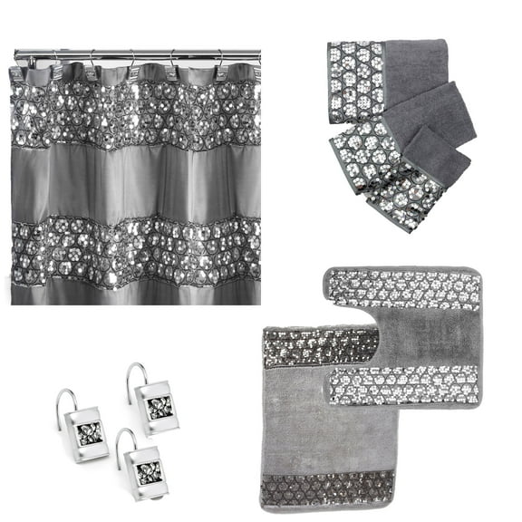 Bath Accessory 7PC Curtain Sets Curtain & Hooks, 3PC Towel Set, Contour, Mat Rug (Silver)