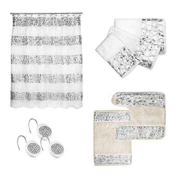 Bath Accessory 7PC Curtain Sets Curtain & Hooks, 3PC Towel Set, Contour, Mat Rug (White)