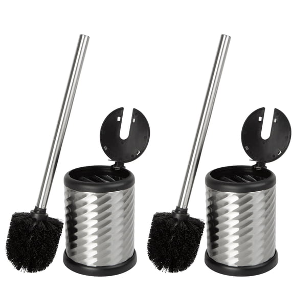 Bath Bliss 2 Pack Self Closing Lid Toilet Brush and Holder in Stainless Steel Swirl