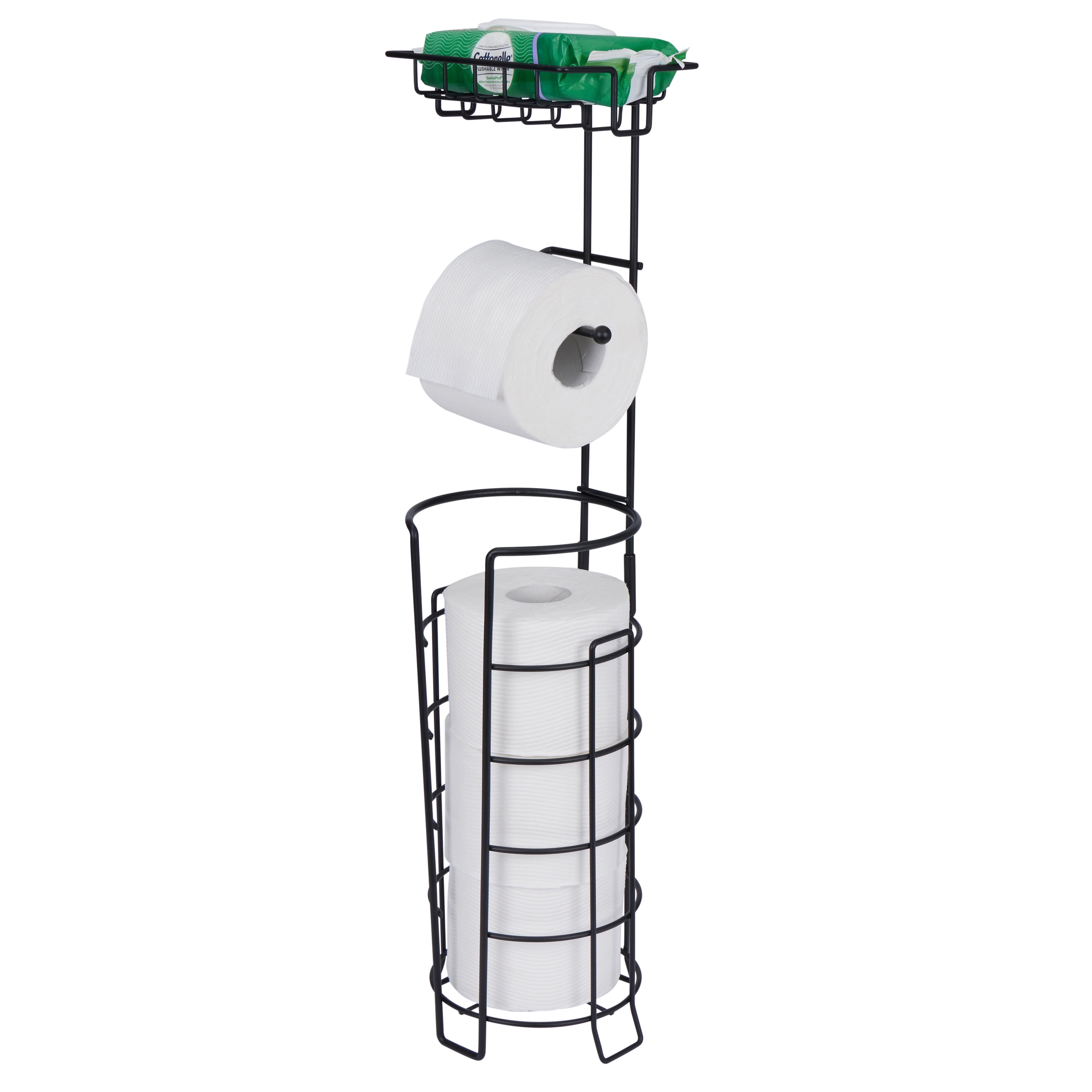 Black Metal 2-in-1 Toilet Paper Holder with Storage Shelf