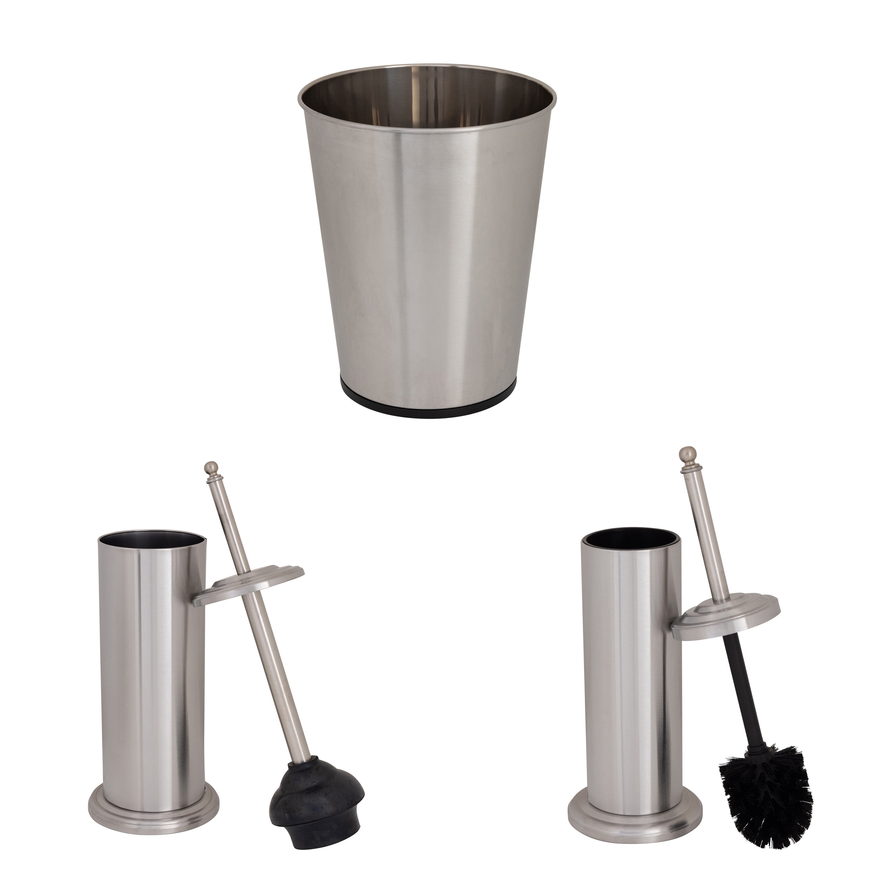 Bath Bliss 3 Piece Stainless Steel Bathroom Set | Trash Can| Toilet Brush | Plunger