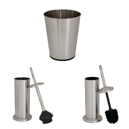 Bath Bliss 3 Piece Stainless Steel Bathroom Set | Trash Can| Toilet Brush | Plunger