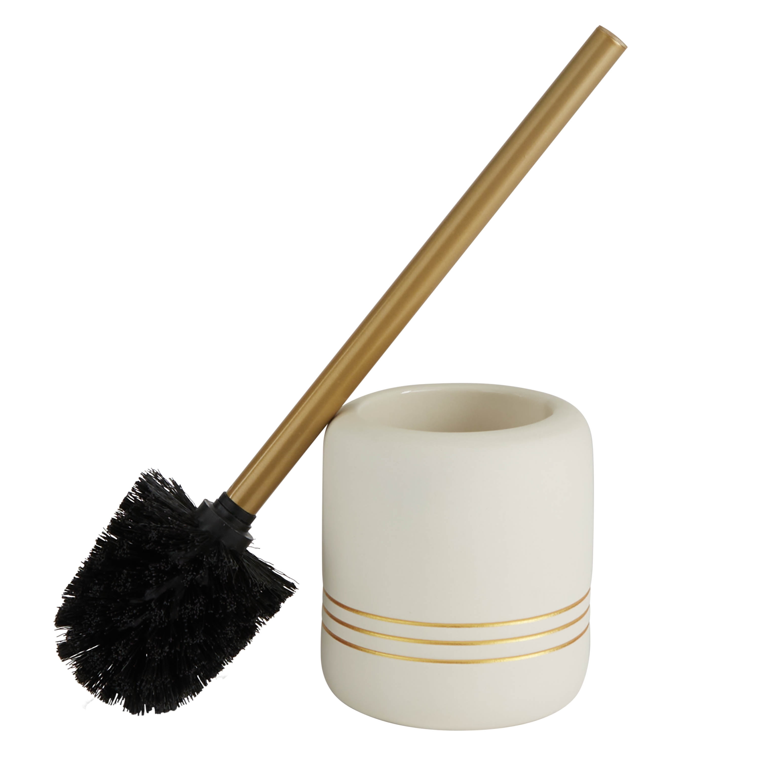 White and Gold Ceramic Toilet Brush Holder with Stainless Steel Handle