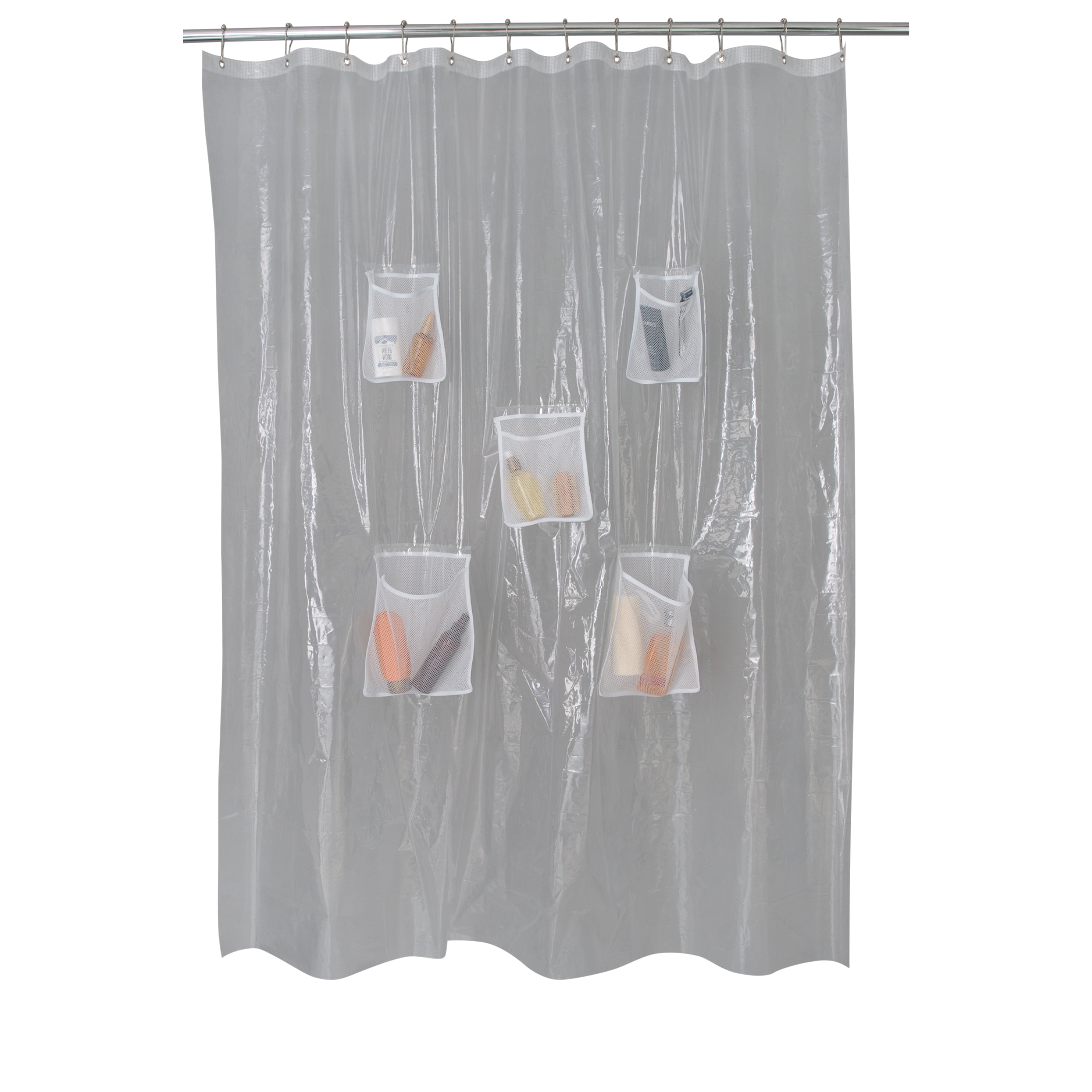 Clear Heavyweight PEVA Shower Curtain with 5 Mesh Pockets