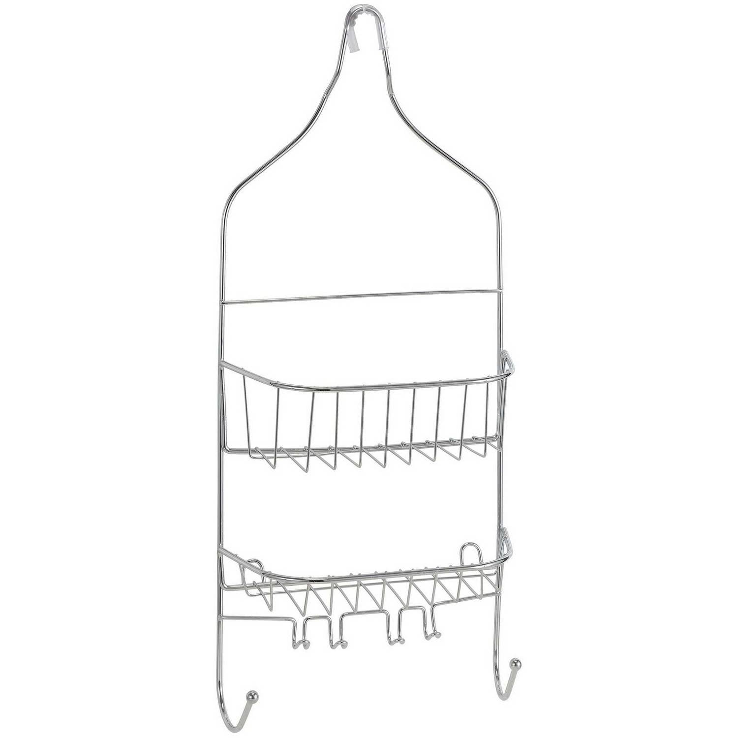 Chrome Metal 2-Shelf Hanging Shower Caddy with Hooks