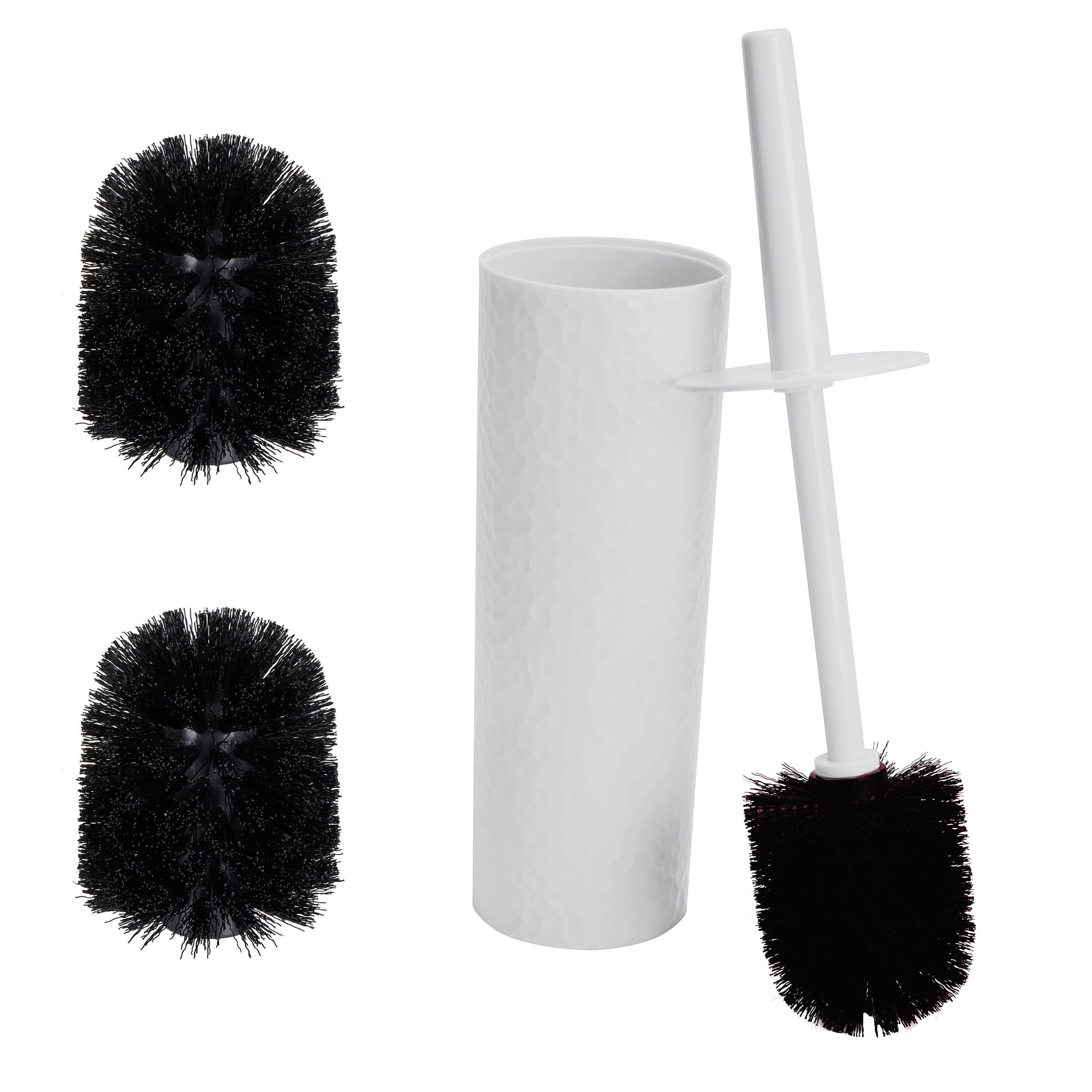 White Hammered Texture Toilet Brush and Holder Set with Replacement Brushes