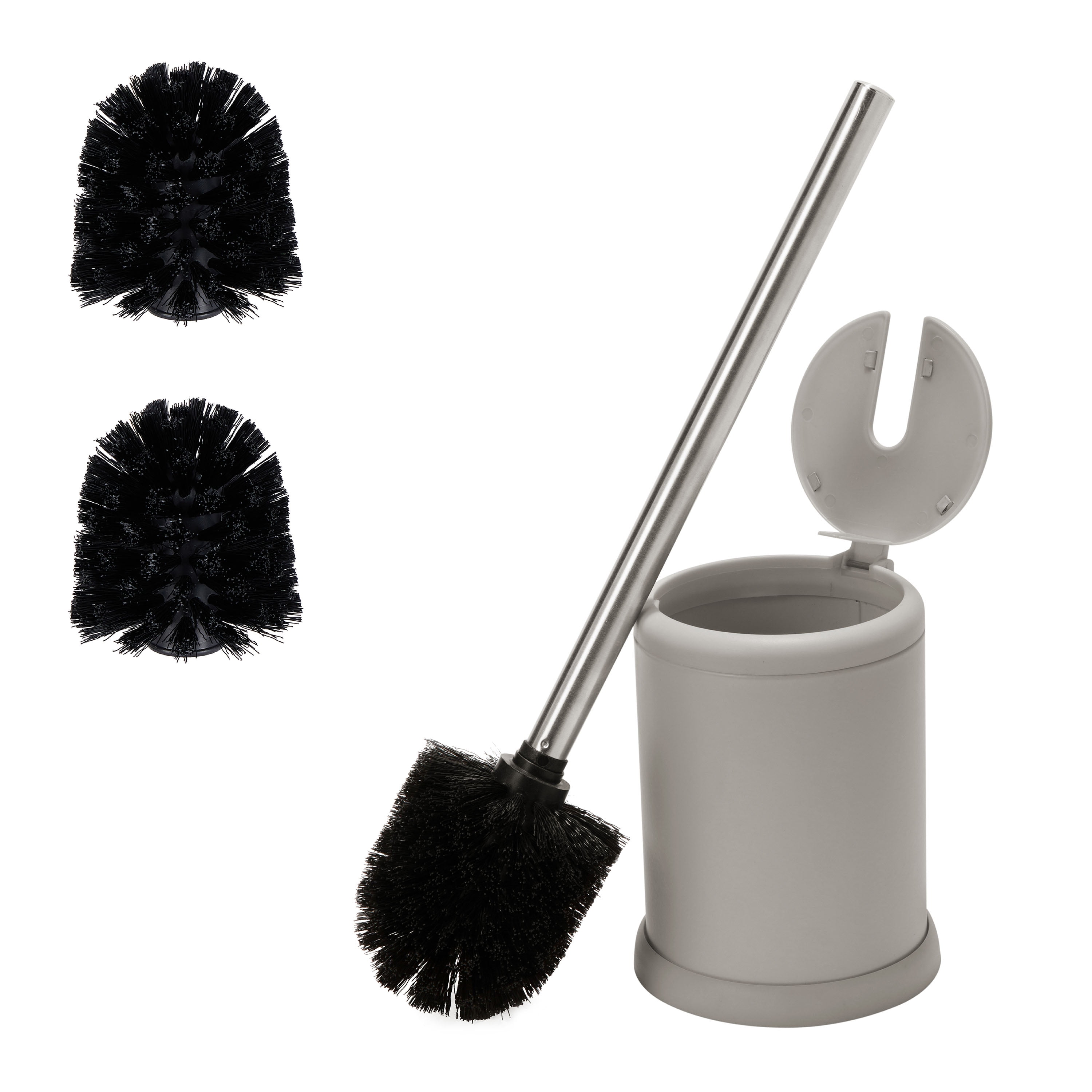 Bath Bliss Self Closing Lid Toilet Brush and Holder 2 Pack Replacement Brushes in Grey
