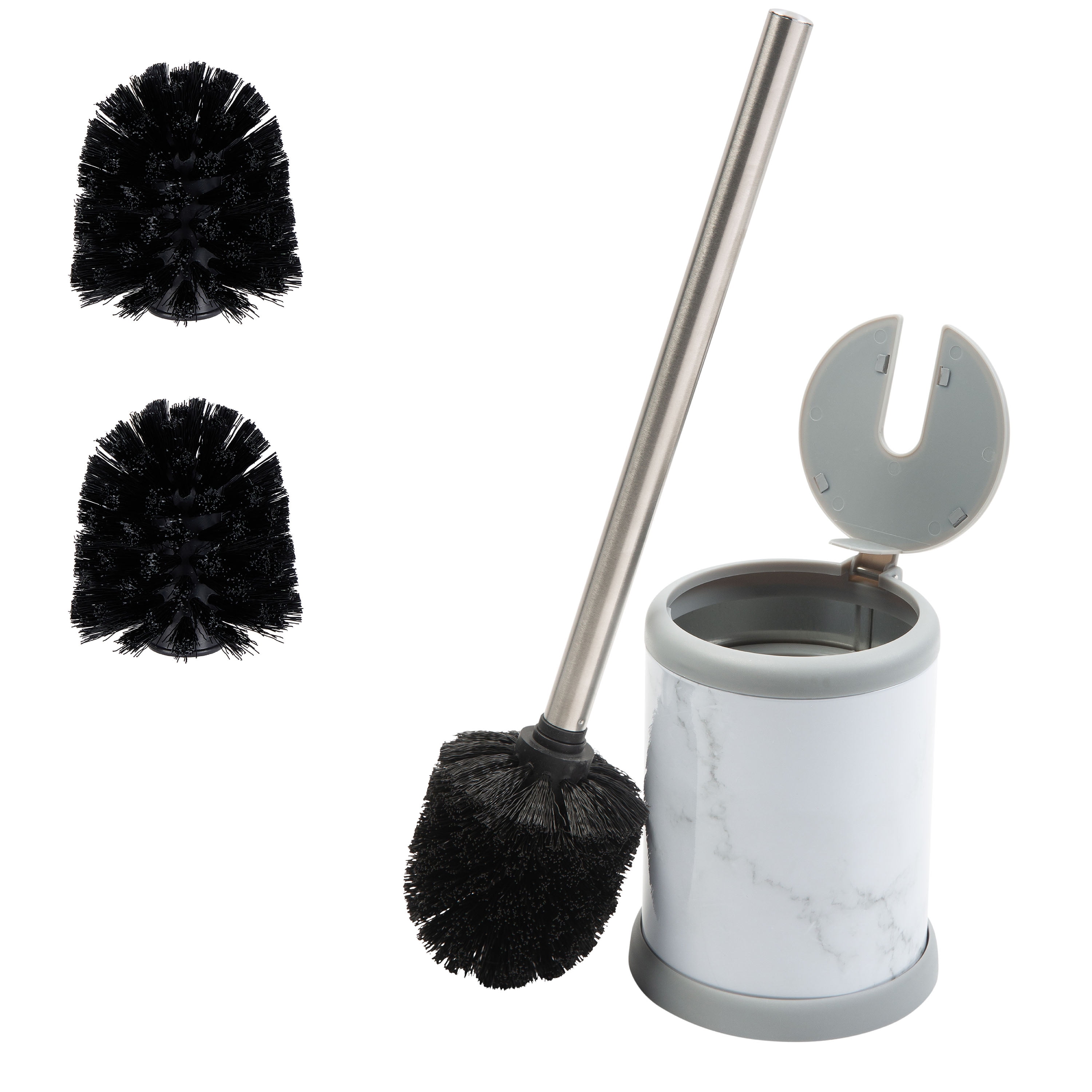 Bath Bliss Self Closing Lid Toilet Brush and Holder 2 Pack Replacement Brushes in Marble