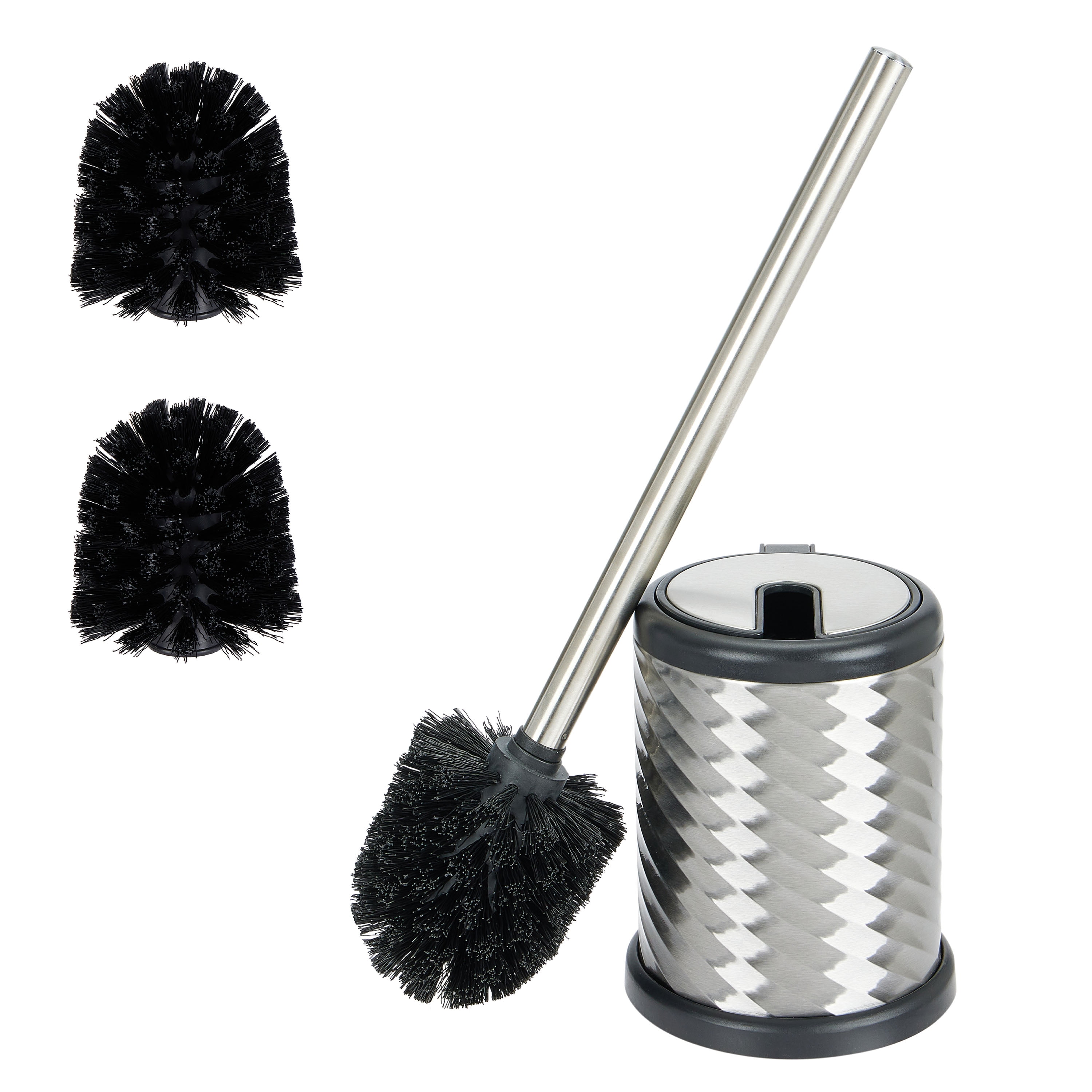 Bath Bliss Self Closing Lid Toilet Brush and Holder 2 Pack Replacement Brushes in Stainless Steel Swirl