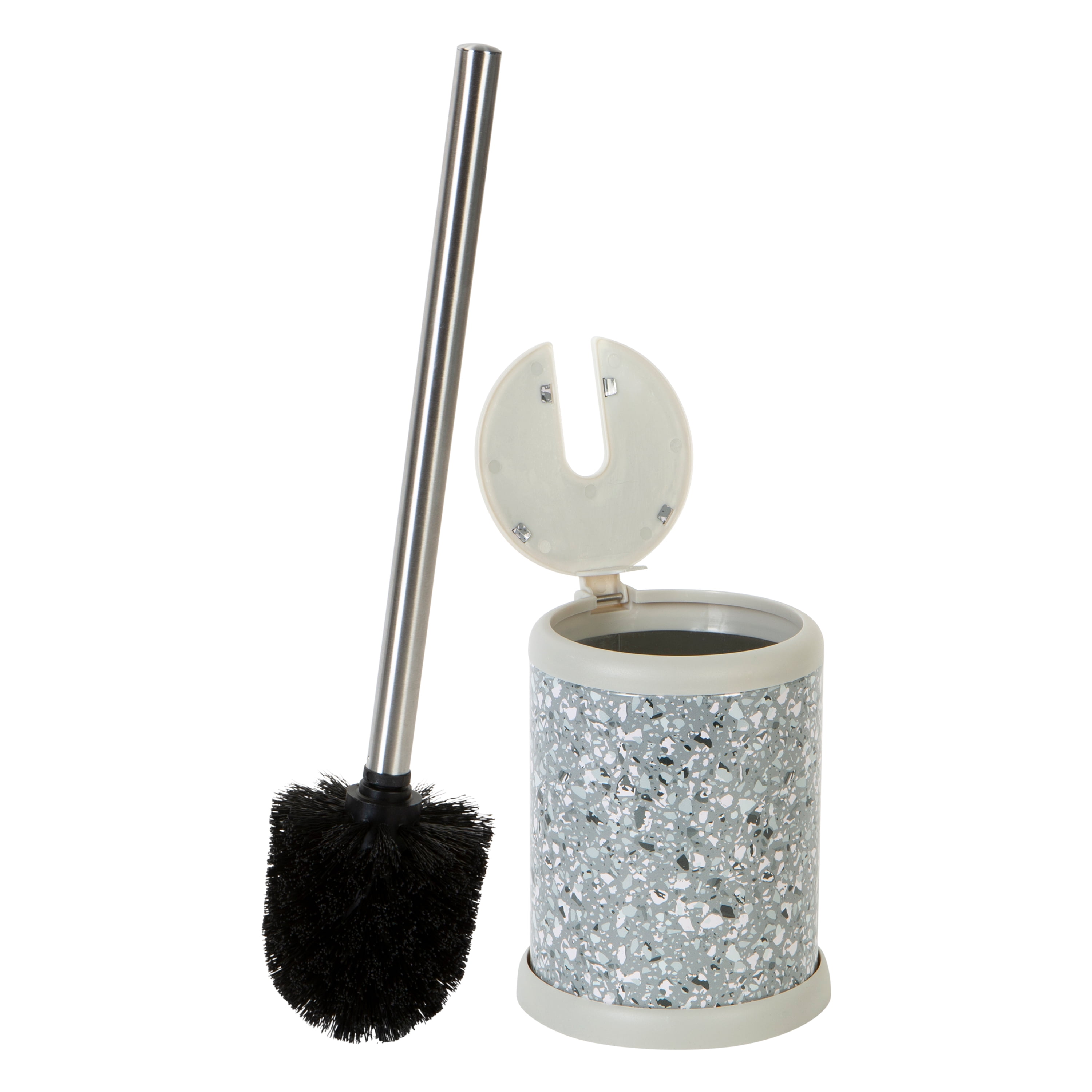 Terrazzo Gray Stainless Steel Toilet Brush Holder with Self-Closing Lid