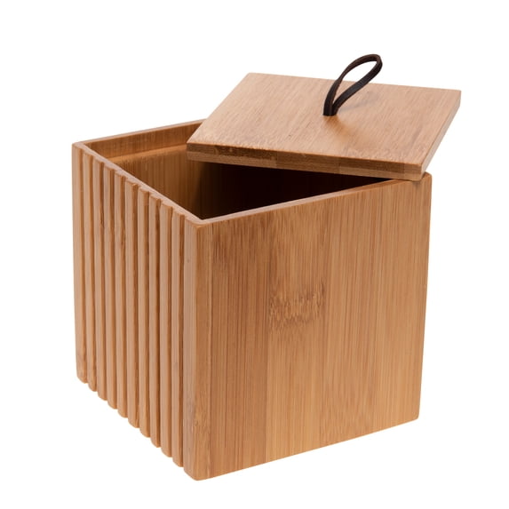 Bath Bliss Small Square Oslo Bamboo Storage Jar with Loop Pull Lid, Makeup Organizer