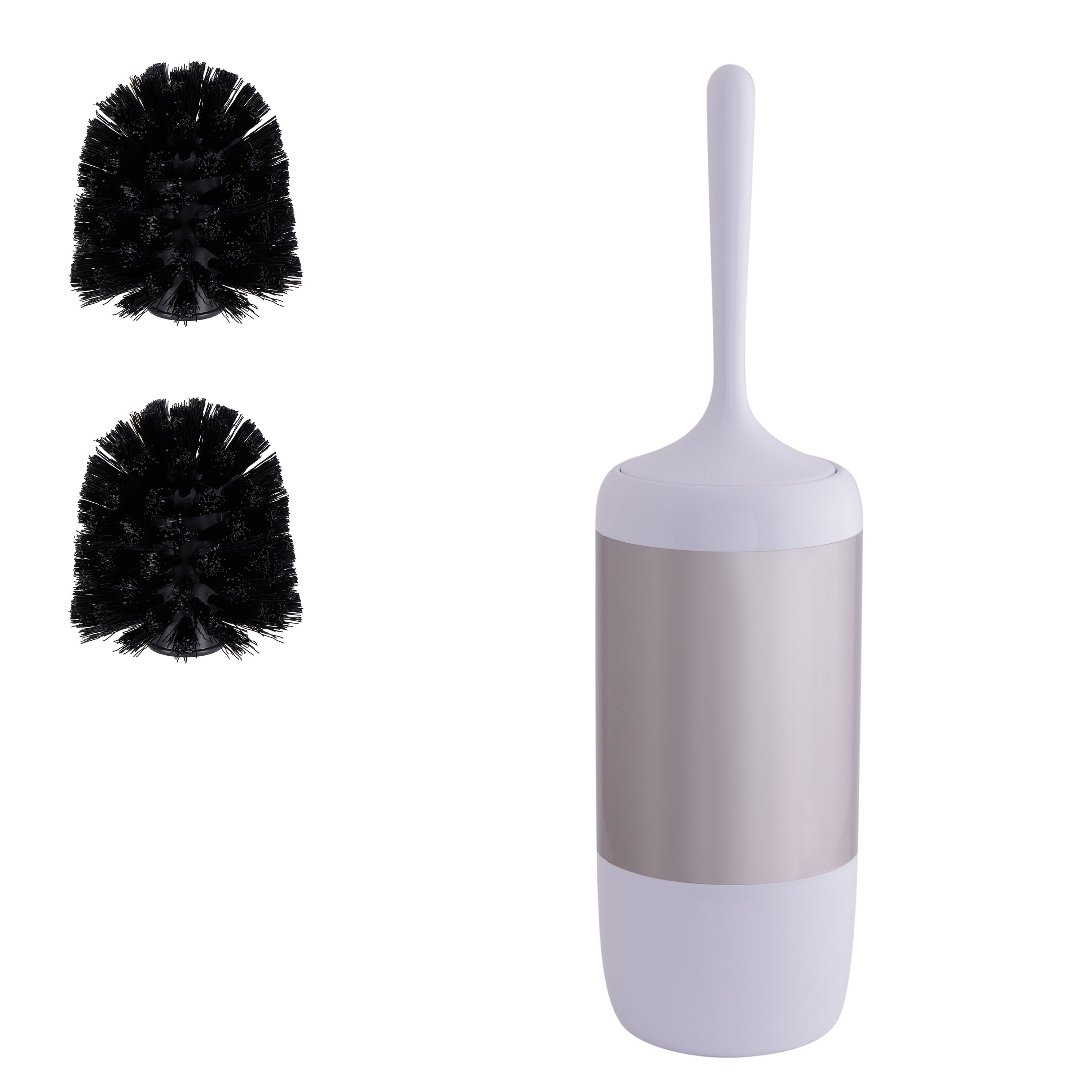 White and Stainless Steel Toilet Brush Holder with Replacement Brushes