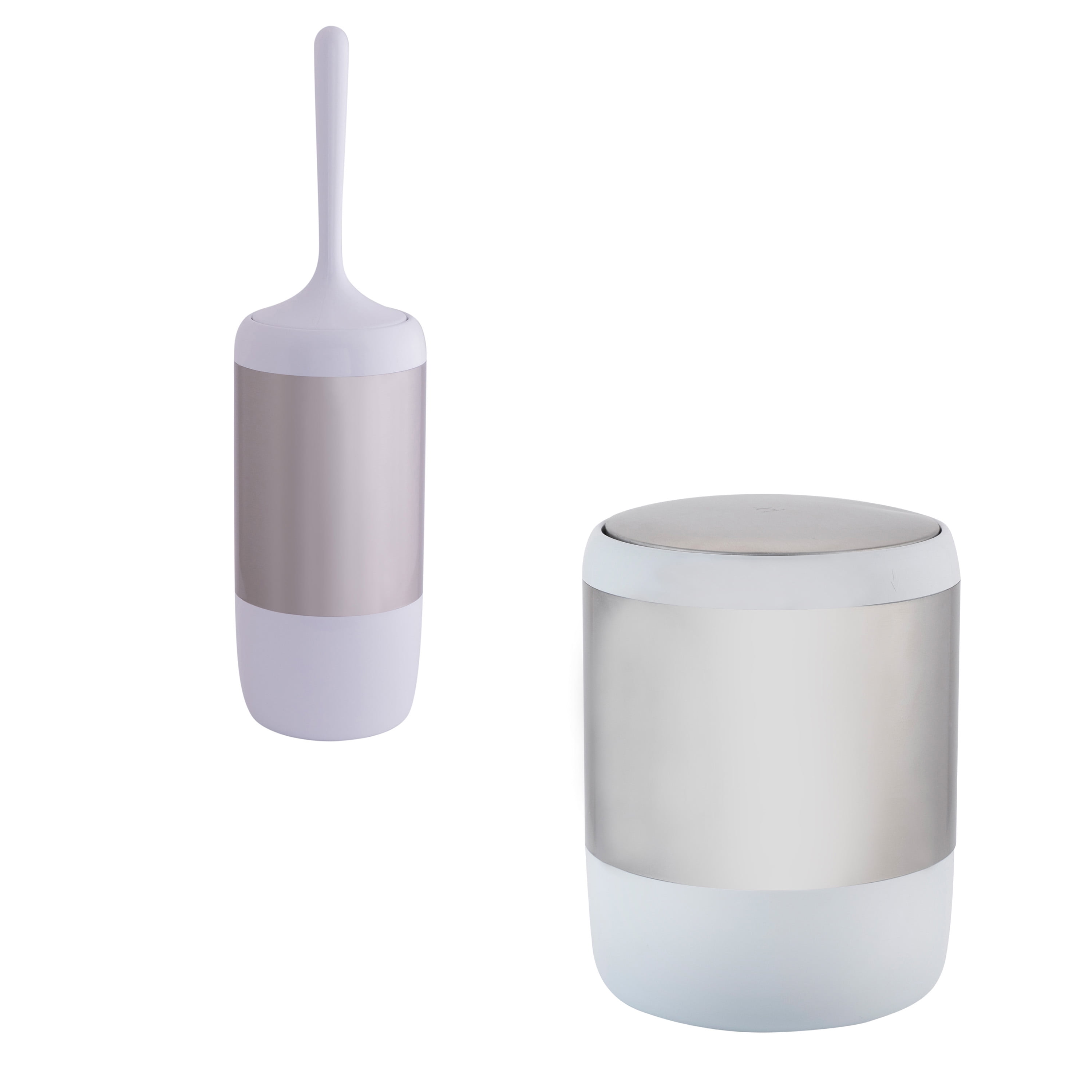 White and Stainless Steel Compact Waste Bin and Toilet Brush Set
