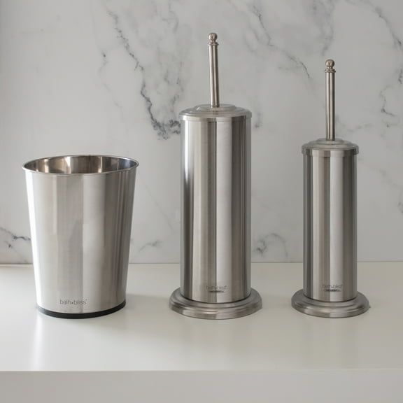 Bath Bliss Stainless Steel Trash Can, Plunger, and Toilet Brush Iron Collection Set