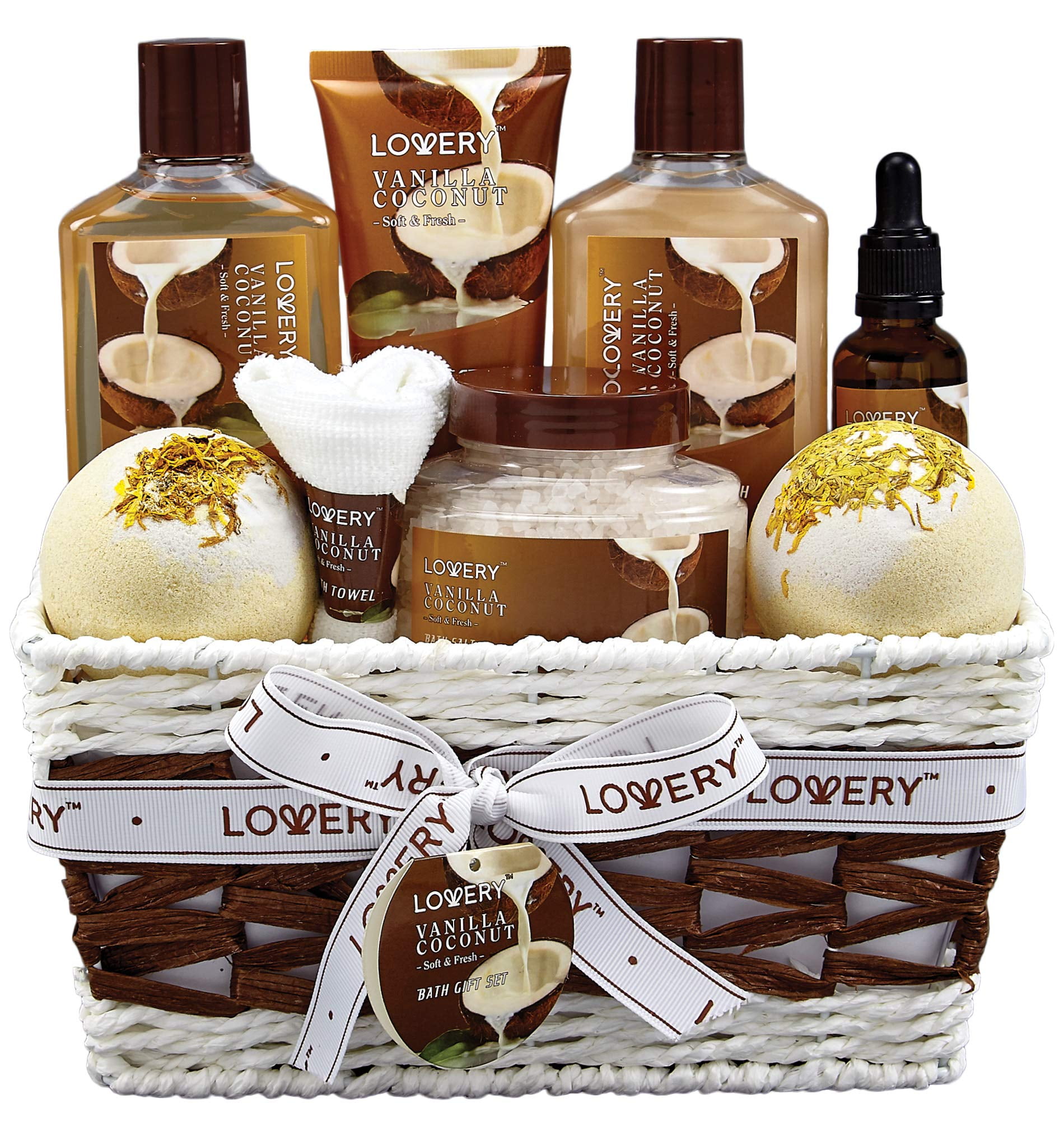 Bath and Body Gift Basket For Women and Men - 9 Piece Set of Vanilla Coconut Home Spa Set, Includes Fragrant Lotions, Extra Large Bath Bombs, Coconut Oil, Luxurious Bath Towel & More C80