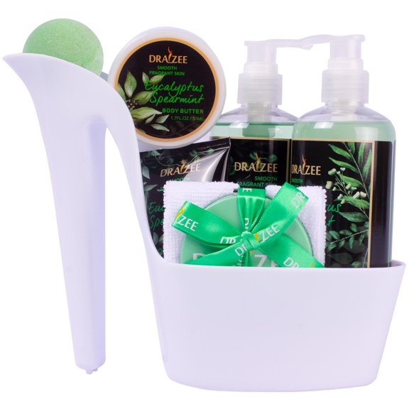 Draizee Luxury Heel Shoe Spa Gift Basket, 8-Piece Body Care Set with Shower Gel, Bubble Bath, Body Butter, Body Lotion, Bath Bomb, Towel and Mirror, Eucalyptus Spearmint Scent