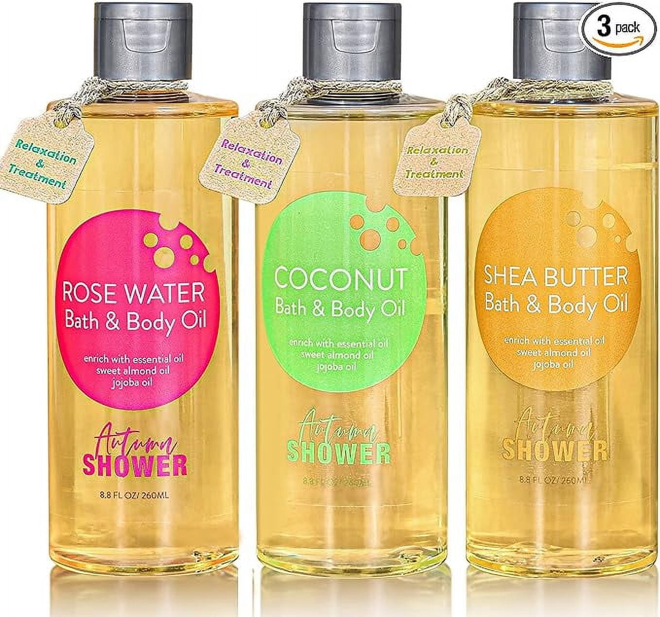 Bath and Body Oil with Sweet Almond Jojoba, Shea Butter, Rose Water, Coconut Bath Oils Gift for Women, Multiuse Oil for Hair Dry Skin 26.4 fl oz (Pack of 3)